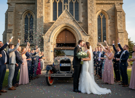 Hochzeit mit dem Brauttaxi Brautpaar küsst sich vor einer Kirche, umgeben von Gästen, die Konfetti werfen.